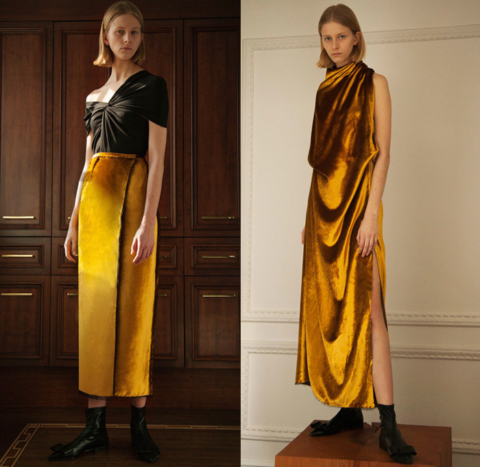 Sid Neigum 2017-2018 Fall Autumn Winter Womens Lookbook Presentation - London Fashion Week Collections England UK United Kingdom - Outerwear Coat Burnished Gold Velvet Circular Spherical Structural Maxi Dress Accordion Pleats Organic Shape Wrap Kimono Tunic Blouse Tied Up Knot Cinch Peplum Ruffles Sheer Chiffon Straps Drawstring Stripes One Shoulder Drapery Elongated Sleeves Wool Wide Lapel Shoes Footwear Wrapped Bow Flats Black Asymmetrical Hem Cropped Wide Leg Trousers Palazzo Pants Skirt Frock