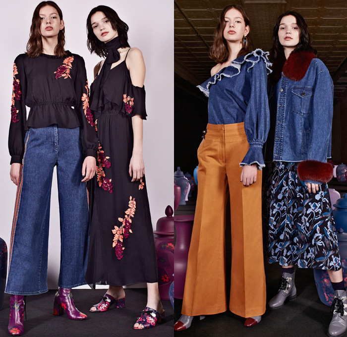 Tanya Taylor 2017-2018 Fall Winter Womens Lookbook Presentation - New York Fashion Week NYFW - Antique 1920s Japanese Kimonos Flowers Floral Leaves Foliage Botanical Print Pattern Motif Embroidery Decorated Trompe-l'œil Cutout Shoulders Maxi Dress Noodle Spaghetti Strap One Shoulder Shaggy Plush Fur Outerwear Coat Skirt Frock Sheer Chiffon Asymmetrical Hem Ruffles Dress Over Blouse Knit Sweater Stripes Lasercut Strapless Metallic Sheen Bell Wide Sleeves Denim Jeans Wide Leg Trousers Trucker Jacket Boots Mules