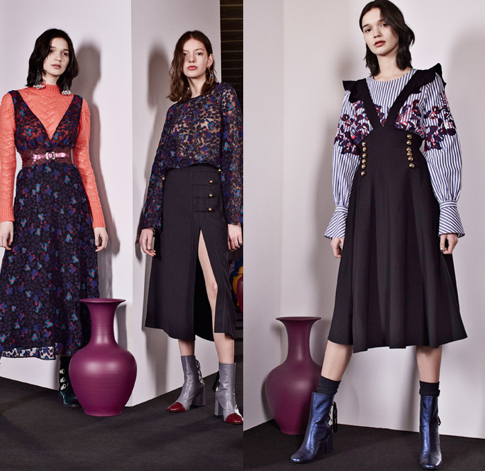 Tanya Taylor 2017-2018 Fall Winter Womens Lookbook Presentation - New York Fashion Week NYFW - Antique 1920s Japanese Kimonos Flowers Floral Leaves Foliage Botanical Print Pattern Motif Embroidery Decorated Trompe-l'œil Cutout Shoulders Maxi Dress Noodle Spaghetti Strap One Shoulder Shaggy Plush Fur Outerwear Coat Skirt Frock Sheer Chiffon Asymmetrical Hem Ruffles Dress Over Blouse Knit Sweater Stripes Lasercut Strapless Metallic Sheen Bell Wide Sleeves Denim Jeans Wide Leg Trousers Trucker Jacket Boots Mules