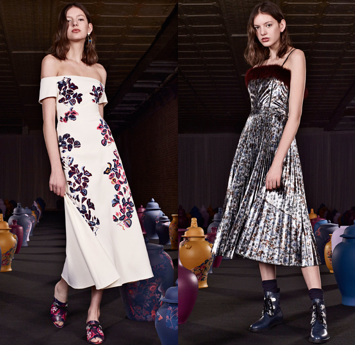 Tanya Taylor 2017-2018 Fall Winter Womens Lookbook Presentation - New York Fashion Week NYFW - Antique 1920s Japanese Kimonos Flowers Floral Leaves Foliage Botanical Print Pattern Motif Embroidery Decorated Trompe-l'œil Cutout Shoulders Maxi Dress Noodle Spaghetti Strap One Shoulder Shaggy Plush Fur Outerwear Coat Skirt Frock Sheer Chiffon Asymmetrical Hem Ruffles Dress Over Blouse Knit Sweater Stripes Lasercut Strapless Metallic Sheen Bell Wide Sleeves Denim Jeans Wide Leg Trousers Trucker Jacket Boots Mules