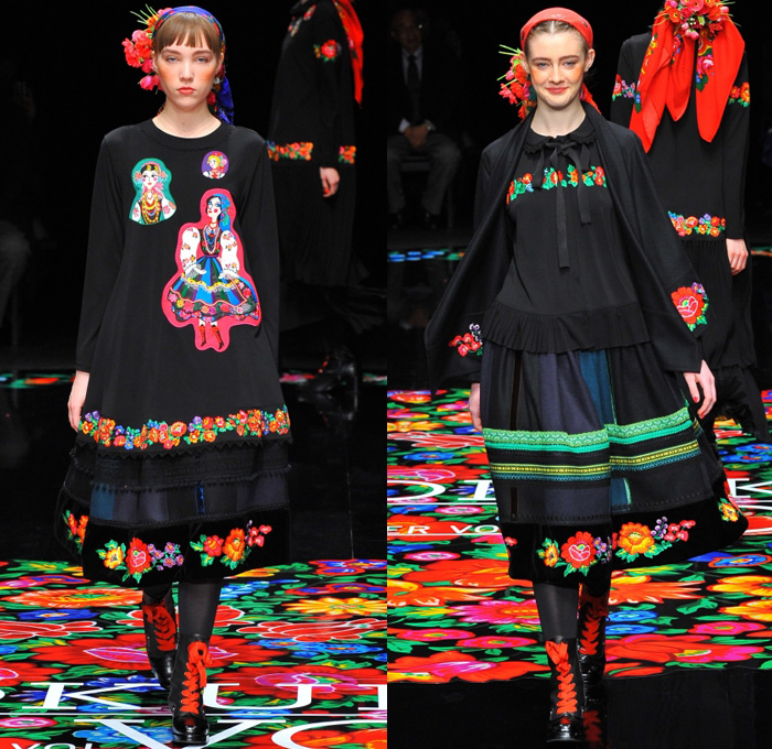 Tokuko 1er Vol by Tokuko Maeda 2017-2018 Fall Winter Womens Runway Catwalk Looks - Amazon Fashion Week Tokyo Japan AmazonFWT - Poland Polska Polish Traditional Dress Flowers Floral Motif Ruffles Lace Embroidery Stripes Pussycat Bow Ribbon Tiered Layers Ethnic Tribal Folk Sheer Chiffon Neck Ruffle Clown Collar Velvet Cardigan Jacket Maxi Dress Gown Shawl Knit Sweater Jumper Drawstring Cinch Rooster Skirt Peasant Dress Shaggy Plush Fur Sheen Cape Poncho Cloak Polka Dots Doily Decorated Outerwear Coat Headband Lace Up Boots Head Scarf Illustration Dancers Leggings Stockings Tights Necklace Sandals