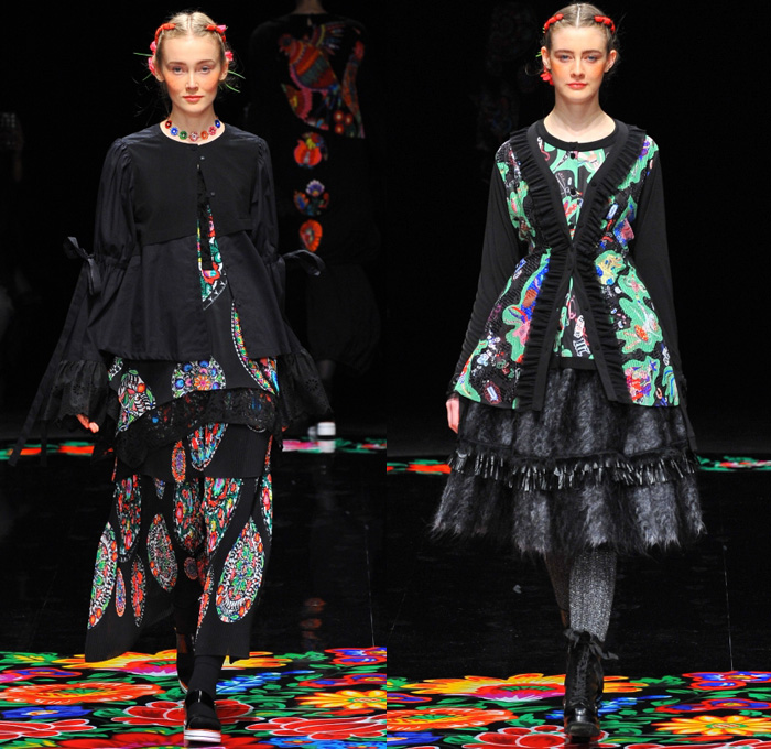 Tokuko 1er Vol by Tokuko Maeda 2017-2018 Fall Winter Womens Runway Catwalk Looks - Amazon Fashion Week Tokyo Japan AmazonFWT - Poland Polska Polish Traditional Dress Flowers Floral Motif Ruffles Lace Embroidery Stripes Pussycat Bow Ribbon Tiered Layers Ethnic Tribal Folk Sheer Chiffon Neck Ruffle Clown Collar Velvet Cardigan Jacket Maxi Dress Gown Shawl Knit Sweater Jumper Drawstring Cinch Rooster Skirt Peasant Dress Shaggy Plush Fur Sheen Cape Poncho Cloak Polka Dots Doily Decorated Outerwear Coat Headband Lace Up Boots Head Scarf Illustration Dancers Leggings Stockings Tights Necklace Sandals