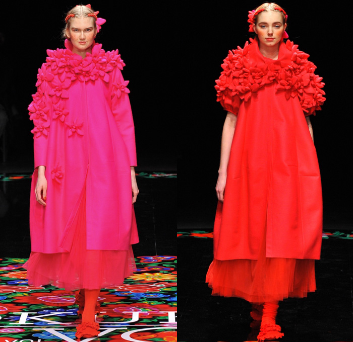 Tokuko 1er Vol by Tokuko Maeda 2017-2018 Fall Winter Womens Runway Catwalk Looks - Amazon Fashion Week Tokyo Japan AmazonFWT - Poland Polska Polish Traditional Dress Flowers Floral Motif Ruffles Lace Embroidery Stripes Pussycat Bow Ribbon Tiered Layers Ethnic Tribal Folk Sheer Chiffon Neck Ruffle Clown Collar Velvet Cardigan Jacket Maxi Dress Gown Shawl Knit Sweater Jumper Drawstring Cinch Rooster Skirt Peasant Dress Shaggy Plush Fur Sheen Cape Poncho Cloak Polka Dots Doily Decorated Outerwear Coat Headband Lace Up Boots Head Scarf Illustration Dancers Leggings Stockings Tights Necklace Sandals