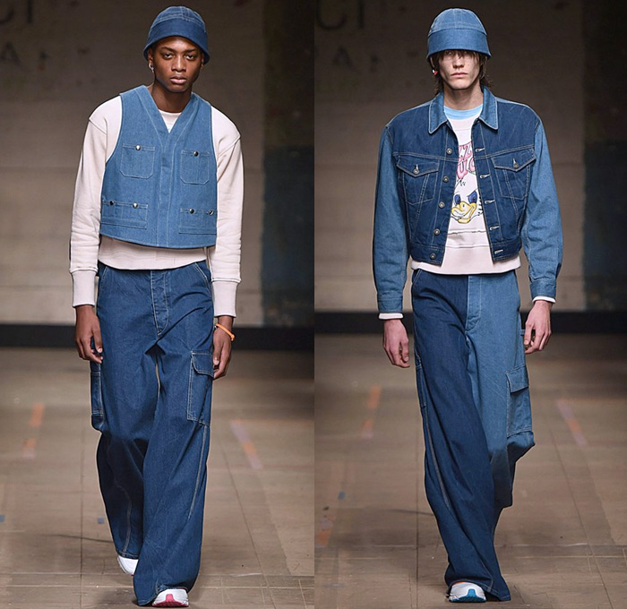 Topman Design 2017-2018 Fall Autumn Winter Mens Runway Catwalk Looks - London Collections Fashion Week Mens UK United Kingdom - Denim Jeans Bucket Hat Wide Leg Baggy Loose Vest Cargo Pockets Trucker Jacket Colorblock Parka Knit Mesh Sweater Pirate Shirt Swirl Sunburst Duck Mohair Hood Sweatshirt Half & Half Quilted Waffle Puffer Oversized Outerwear Coat Plaid Tartan Check Pinstripe Wool Leopard Flowers Floral Print Bedazzled Rings Cross Fringes Fur Shearling Pinned Leggings Raincoat Motorcycle Biker Leg Panels Jogger Sweatpants Trainers Footwear Athletic Shoes Scarf Pop Art Rabbit Elephant