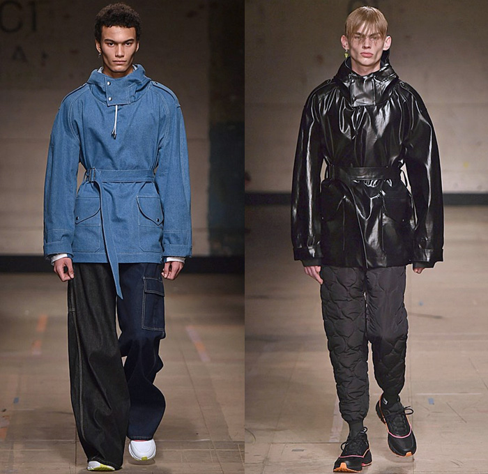 Topman Design 2017-2018 Fall Autumn Winter Mens Runway Catwalk Looks - London Collections Fashion Week Mens UK United Kingdom - Denim Jeans Bucket Hat Wide Leg Baggy Loose Vest Cargo Pockets Trucker Jacket Colorblock Parka Knit Mesh Sweater Pirate Shirt Swirl Sunburst Duck Mohair Hood Sweatshirt Half & Half Quilted Waffle Puffer Oversized Outerwear Coat Plaid Tartan Check Pinstripe Wool Leopard Flowers Floral Print Bedazzled Rings Cross Fringes Fur Shearling Pinned Leggings Raincoat Motorcycle Biker Leg Panels Jogger Sweatpants Trainers Footwear Athletic Shoes Scarf Pop Art Rabbit Elephant