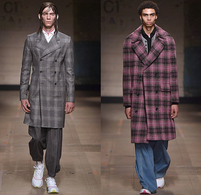 Topman Design 2017-2018 Fall Autumn Winter Mens Runway Catwalk Looks - London Collections Fashion Week Mens UK United Kingdom - Denim Jeans Bucket Hat Wide Leg Baggy Loose Vest Cargo Pockets Trucker Jacket Colorblock Parka Knit Mesh Sweater Pirate Shirt Swirl Sunburst Duck Mohair Hood Sweatshirt Half & Half Quilted Waffle Puffer Oversized Outerwear Coat Plaid Tartan Check Pinstripe Wool Leopard Flowers Floral Print Bedazzled Rings Cross Fringes Fur Shearling Pinned Leggings Raincoat Motorcycle Biker Leg Panels Jogger Sweatpants Trainers Footwear Athletic Shoes Scarf Pop Art Rabbit Elephant