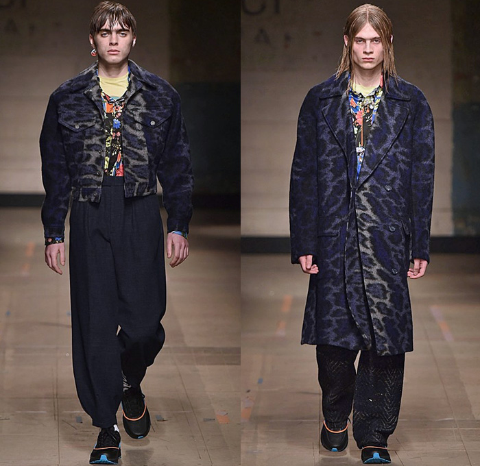 Topman Design 2017-2018 Fall Autumn Winter Mens Runway Catwalk Looks - London Collections Fashion Week Mens UK United Kingdom - Denim Jeans Bucket Hat Wide Leg Baggy Loose Vest Cargo Pockets Trucker Jacket Colorblock Parka Knit Mesh Sweater Pirate Shirt Swirl Sunburst Duck Mohair Hood Sweatshirt Half & Half Quilted Waffle Puffer Oversized Outerwear Coat Plaid Tartan Check Pinstripe Wool Leopard Flowers Floral Print Bedazzled Rings Cross Fringes Fur Shearling Pinned Leggings Raincoat Motorcycle Biker Leg Panels Jogger Sweatpants Trainers Footwear Athletic Shoes Scarf Pop Art Rabbit Elephant