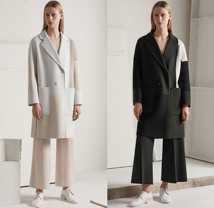 TSE Cashmere 2017-2018 Fall Winter Womens Lookbook Presentation - New York Fashion Week NYFW - Raw Knit Air Spun Yarn Neutrals Patchwork Outerwear Coat Poncho Cloak Chunky Knit Sweater Jumper Ribbed Basketweave Cropped Wide Leg Trousers Palazzo Pants Minimalist Pastel Skirt Frock Jogger Sweatpants Cardigan Cutout Shawl Sleeveless Shirtdress