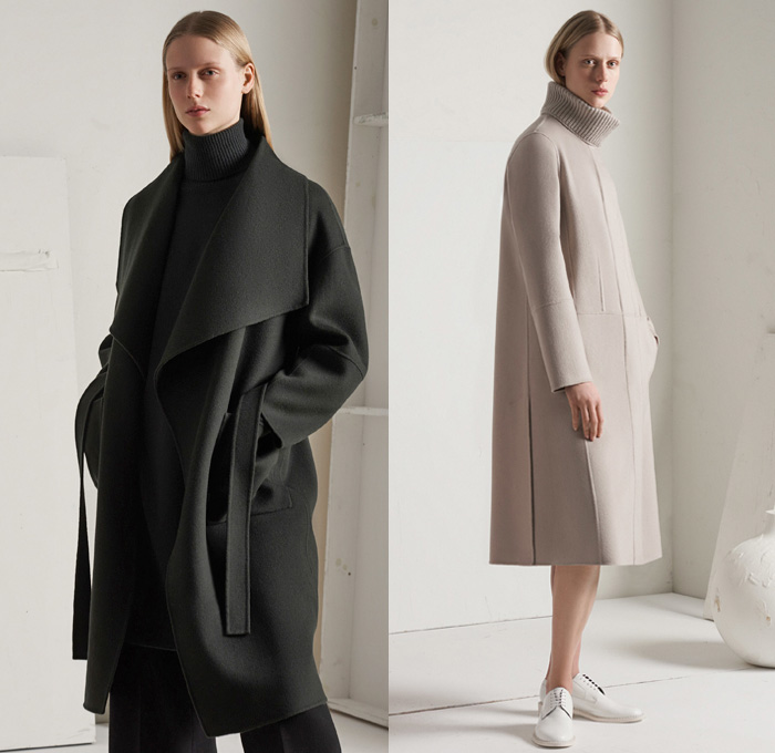 TSE Cashmere 2017-2018 Fall Winter Womens Lookbook Presentation - New York Fashion Week NYFW - Raw Knit Air Spun Yarn Neutrals Patchwork Outerwear Coat Poncho Cloak Chunky Knit Sweater Jumper Ribbed Basketweave Cropped Wide Leg Trousers Palazzo Pants Minimalist Pastel Skirt Frock Jogger Sweatpants Cardigan Cutout Shawl Sleeveless Shirtdress