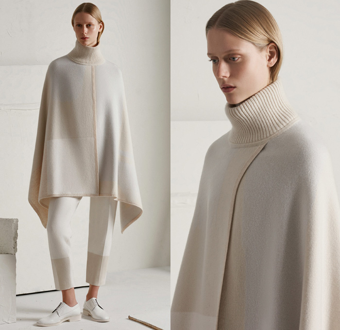 TSE Cashmere 2017-2018 Fall Winter Womens Lookbook Presentation - New York Fashion Week NYFW - Raw Knit Air Spun Yarn Neutrals Patchwork Outerwear Coat Poncho Cloak Chunky Knit Sweater Jumper Ribbed Basketweave Cropped Wide Leg Trousers Palazzo Pants Minimalist Pastel Skirt Frock Jogger Sweatpants Cardigan Cutout Shawl Sleeveless Shirtdress