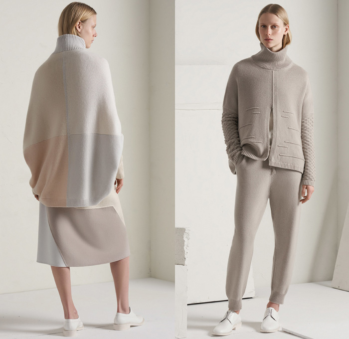 TSE Cashmere 2017-2018 Fall Winter Womens Lookbook Presentation - New York Fashion Week NYFW - Raw Knit Air Spun Yarn Neutrals Patchwork Outerwear Coat Poncho Cloak Chunky Knit Sweater Jumper Ribbed Basketweave Cropped Wide Leg Trousers Palazzo Pants Minimalist Pastel Skirt Frock Jogger Sweatpants Cardigan Cutout Shawl Sleeveless Shirtdress