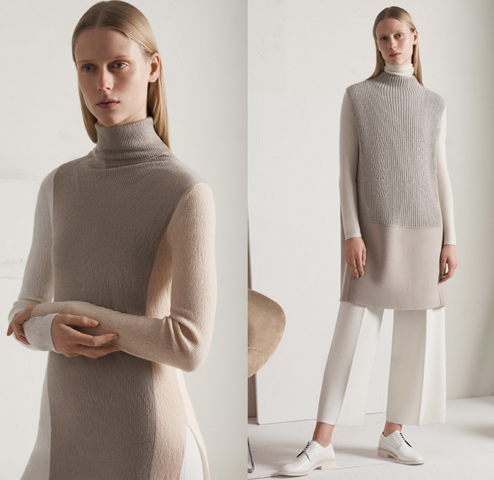 TSE Cashmere 2017-2018 Fall Winter Womens Lookbook Presentation - New York Fashion Week NYFW - Raw Knit Air Spun Yarn Neutrals Patchwork Outerwear Coat Poncho Cloak Chunky Knit Sweater Jumper Ribbed Basketweave Cropped Wide Leg Trousers Palazzo Pants Minimalist Pastel Skirt Frock Jogger Sweatpants Cardigan Cutout Shawl Sleeveless Shirtdress