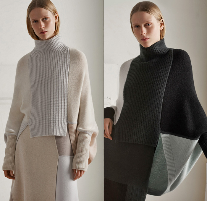 TSE Cashmere 2017-2018 Fall Winter Womens Lookbook Presentation - New York Fashion Week NYFW - Raw Knit Air Spun Yarn Neutrals Patchwork Outerwear Coat Poncho Cloak Chunky Knit Sweater Jumper Ribbed Basketweave Cropped Wide Leg Trousers Palazzo Pants Minimalist Pastel Skirt Frock Jogger Sweatpants Cardigan Cutout Shawl Sleeveless Shirtdress