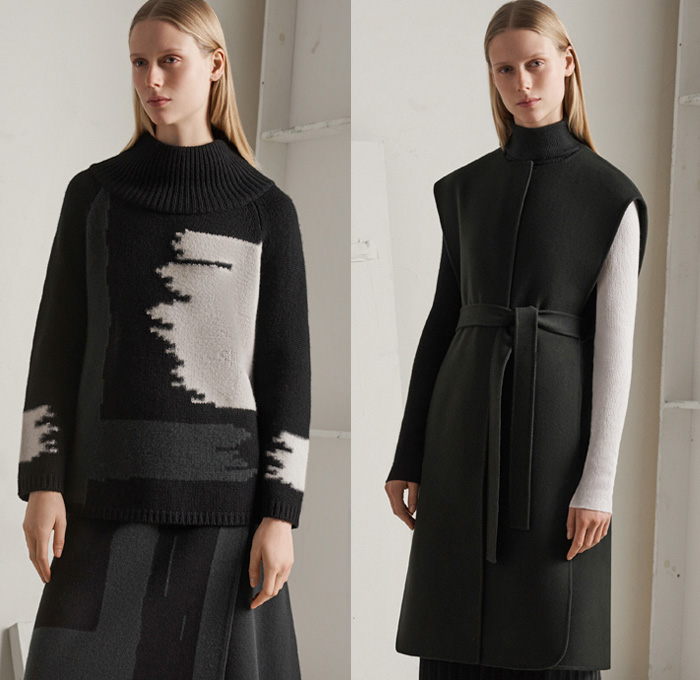 TSE Cashmere 2017-2018 Fall Winter Womens Lookbook Presentation - New York Fashion Week NYFW - Raw Knit Air Spun Yarn Neutrals Patchwork Outerwear Coat Poncho Cloak Chunky Knit Sweater Jumper Ribbed Basketweave Cropped Wide Leg Trousers Palazzo Pants Minimalist Pastel Skirt Frock Jogger Sweatpants Cardigan Cutout Shawl Sleeveless Shirtdress