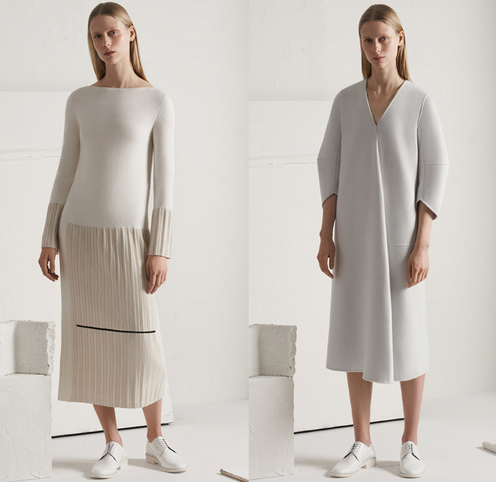 TSE Cashmere 2017-2018 Fall Winter Womens Lookbook Presentation - New York Fashion Week NYFW - Raw Knit Air Spun Yarn Neutrals Patchwork Outerwear Coat Poncho Cloak Chunky Knit Sweater Jumper Ribbed Basketweave Cropped Wide Leg Trousers Palazzo Pants Minimalist Pastel Skirt Frock Jogger Sweatpants Cardigan Cutout Shawl Sleeveless Shirtdress