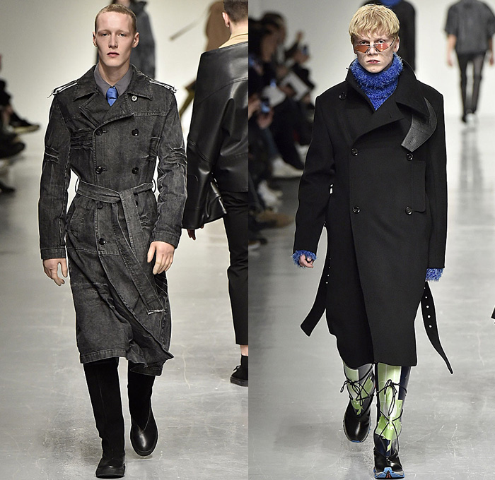 Xander Zhou 2017-2018 Fall Autumn Winter Mens Runway Catwalk Looks - London Collections Fashion Week Mens British Fashion Council UK United Kingdom - Oversized Outerwear Trench Coat Furry Shaggy Plush Shearling Turtleneck Sweater Frankenstein Football Padded Shoulders Kimono Wrap Wide Sleeves Neck Tie Leather Workwear Mud Outdoor Mountaineering Swamp Pants Cargo Pockets Zipper Leg Panels Denim Jeans Wrinkles Crinkles Dark Wash Slouchy Baggy Loose Wide Leg Garter Waistband Rain Boots Galoshes Lace Up Portfolio Bag Tote Gloves Headwear Lunchbox