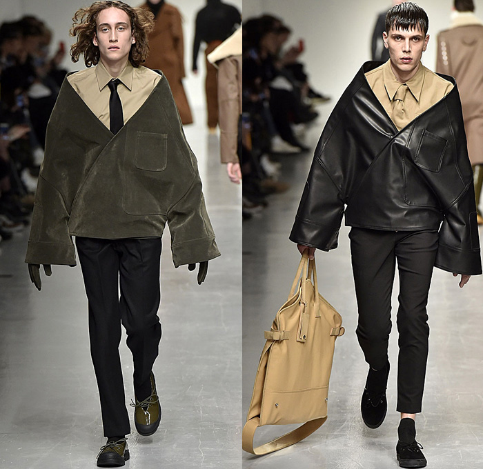 Xander Zhou 2017-2018 Fall Autumn Winter Mens Runway Catwalk Looks - London Collections Fashion Week Mens British Fashion Council UK United Kingdom - Oversized Outerwear Trench Coat Furry Shaggy Plush Shearling Turtleneck Sweater Frankenstein Football Padded Shoulders Kimono Wrap Wide Sleeves Neck Tie Leather Workwear Mud Outdoor Mountaineering Swamp Pants Cargo Pockets Zipper Leg Panels Denim Jeans Wrinkles Crinkles Dark Wash Slouchy Baggy Loose Wide Leg Garter Waistband Rain Boots Galoshes Lace Up Portfolio Bag Tote Gloves Headwear Lunchbox