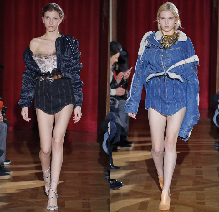 Y/PROJECT 2017-2018 Fall Autumn Winter Womens Runway Catwalk Looks - Mode à Paris Fashion Week Mode Féminin France - 1990s Denim Jeans Miniskirt Curved Hem Contrast Stitching Paper Bag Waist Trucker Jacket Wide Leg Trousers Palazzo Pants Lace Up Elongated Hem Fold Up Quilted Waffle Puffer Down Jacket Bubbles Cinch Bloated Furry Mink Intarsia Shaggy Plush Fur Shearling Capelet Turtleneck Buttons Knit Jumper Sweaterdress Ribbed Crop Top Midriff Tie Up Knot Ribbon Oversized Outerwear Overcoat Hood Blouse Pantsuit Half Panel Corduroy Silk Satin Lace Needlework Embroidery Leg Panels Houndstooth Check Plaid Tartan Metallic Layers Velour Velvet Ruffles Shirtdress Wrap Around Sheer Chiffon Organza Tulle Jogger Sweatpants Strapless Gladiator Snakeskin Boots Hand Sculpture Necklace Choker Chain 