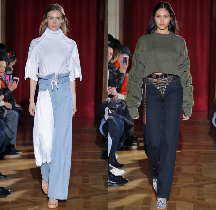 Y/PROJECT 2017-2018 Fall Autumn Winter Womens Runway Catwalk Looks - Mode à Paris Fashion Week Mode Féminin France - 1990s Denim Jeans Miniskirt Curved Hem Contrast Stitching Paper Bag Waist Trucker Jacket Wide Leg Trousers Palazzo Pants Lace Up Elongated Hem Fold Up Quilted Waffle Puffer Down Jacket Bubbles Cinch Bloated Furry Mink Intarsia Shaggy Plush Fur Shearling Capelet Turtleneck Buttons Knit Jumper Sweaterdress Ribbed Crop Top Midriff Tie Up Knot Ribbon Oversized Outerwear Overcoat Hood Blouse Pantsuit Half Panel Corduroy Silk Satin Lace Needlework Embroidery Leg Panels Houndstooth Check Plaid Tartan Metallic Layers Velour Velvet Ruffles Shirtdress Wrap Around Sheer Chiffon Organza Tulle Jogger Sweatpants Strapless Gladiator Snakeskin Boots Hand Sculpture Necklace Choker Chain 