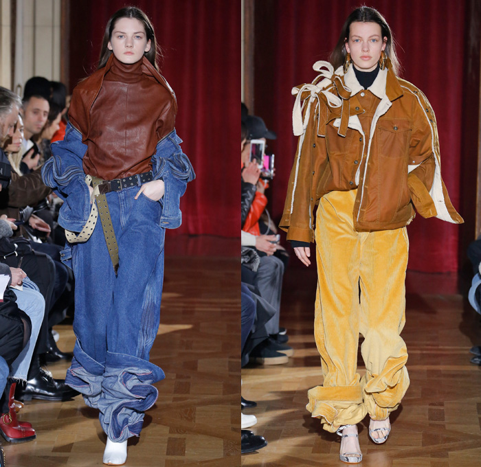 Y/PROJECT 2017-2018 Fall Autumn Winter Womens Runway Catwalk Looks - Mode à Paris Fashion Week Mode Féminin France - 1990s Denim Jeans Miniskirt Curved Hem Contrast Stitching Paper Bag Waist Trucker Jacket Wide Leg Trousers Palazzo Pants Lace Up Elongated Hem Fold Up Quilted Waffle Puffer Down Jacket Bubbles Cinch Bloated Furry Mink Intarsia Shaggy Plush Fur Shearling Capelet Turtleneck Buttons Knit Jumper Sweaterdress Ribbed Crop Top Midriff Tie Up Knot Ribbon Oversized Outerwear Overcoat Hood Blouse Pantsuit Half Panel Corduroy Silk Satin Lace Needlework Embroidery Leg Panels Houndstooth Check Plaid Tartan Metallic Layers Velour Velvet Ruffles Shirtdress Wrap Around Sheer Chiffon Organza Tulle Jogger Sweatpants Strapless Gladiator Snakeskin Boots Hand Sculpture Necklace Choker Chain 