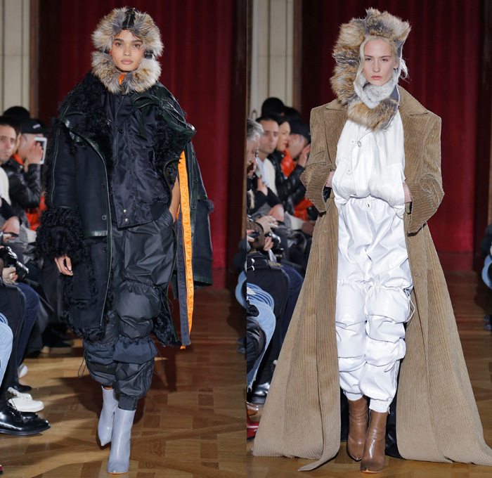 Y/PROJECT 2017-2018 Fall Autumn Winter Womens Runway Catwalk Looks - Mode à Paris Fashion Week Mode Féminin France - 1990s Denim Jeans Miniskirt Curved Hem Contrast Stitching Paper Bag Waist Trucker Jacket Wide Leg Trousers Palazzo Pants Lace Up Elongated Hem Fold Up Quilted Waffle Puffer Down Jacket Bubbles Cinch Bloated Furry Mink Intarsia Shaggy Plush Fur Shearling Capelet Turtleneck Buttons Knit Jumper Sweaterdress Ribbed Crop Top Midriff Tie Up Knot Ribbon Oversized Outerwear Overcoat Hood Blouse Pantsuit Half Panel Corduroy Silk Satin Lace Needlework Embroidery Leg Panels Houndstooth Check Plaid Tartan Metallic Layers Velour Velvet Ruffles Shirtdress Wrap Around Sheer Chiffon Organza Tulle Jogger Sweatpants Strapless Gladiator Snakeskin Boots Hand Sculpture Necklace Choker Chain 