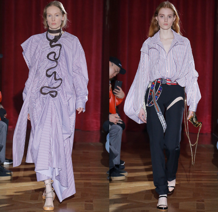 Y/PROJECT 2017-2018 Fall Autumn Winter Womens Runway Catwalk Looks - Mode à Paris Fashion Week Mode Féminin France - 1990s Denim Jeans Miniskirt Curved Hem Contrast Stitching Paper Bag Waist Trucker Jacket Wide Leg Trousers Palazzo Pants Lace Up Elongated Hem Fold Up Quilted Waffle Puffer Down Jacket Bubbles Cinch Bloated Furry Mink Intarsia Shaggy Plush Fur Shearling Capelet Turtleneck Buttons Knit Jumper Sweaterdress Ribbed Crop Top Midriff Tie Up Knot Ribbon Oversized Outerwear Overcoat Hood Blouse Pantsuit Half Panel Corduroy Silk Satin Lace Needlework Embroidery Leg Panels Houndstooth Check Plaid Tartan Metallic Layers Velour Velvet Ruffles Shirtdress Wrap Around Sheer Chiffon Organza Tulle Jogger Sweatpants Strapless Gladiator Snakeskin Boots Hand Sculpture Necklace Choker Chain 