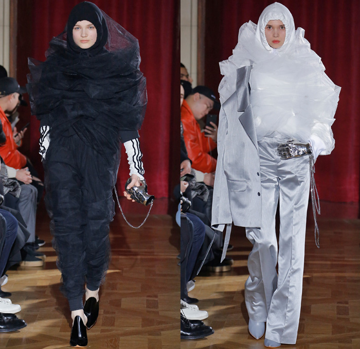 Y/PROJECT 2017-2018 Fall Autumn Winter Womens Runway Catwalk Looks - Mode à Paris Fashion Week Mode Féminin France - 1990s Denim Jeans Miniskirt Curved Hem Contrast Stitching Paper Bag Waist Trucker Jacket Wide Leg Trousers Palazzo Pants Lace Up Elongated Hem Fold Up Quilted Waffle Puffer Down Jacket Bubbles Cinch Bloated Furry Mink Intarsia Shaggy Plush Fur Shearling Capelet Turtleneck Buttons Knit Jumper Sweaterdress Ribbed Crop Top Midriff Tie Up Knot Ribbon Oversized Outerwear Overcoat Hood Blouse Pantsuit Half Panel Corduroy Silk Satin Lace Needlework Embroidery Leg Panels Houndstooth Check Plaid Tartan Metallic Layers Velour Velvet Ruffles Shirtdress Wrap Around Sheer Chiffon Organza Tulle Jogger Sweatpants Strapless Gladiator Snakeskin Boots Hand Sculpture Necklace Choker Chain 