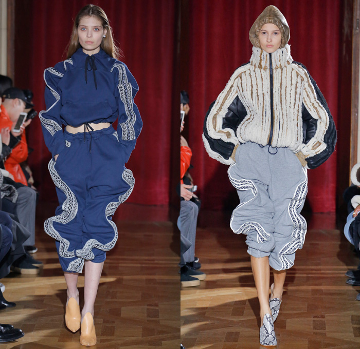 Y/PROJECT 2017-2018 Fall Autumn Winter Womens Runway Catwalk Looks - Mode à Paris Fashion Week Mode Féminin France - 1990s Denim Jeans Miniskirt Curved Hem Contrast Stitching Paper Bag Waist Trucker Jacket Wide Leg Trousers Palazzo Pants Lace Up Elongated Hem Fold Up Quilted Waffle Puffer Down Jacket Bubbles Cinch Bloated Furry Mink Intarsia Shaggy Plush Fur Shearling Capelet Turtleneck Buttons Knit Jumper Sweaterdress Ribbed Crop Top Midriff Tie Up Knot Ribbon Oversized Outerwear Overcoat Hood Blouse Pantsuit Half Panel Corduroy Silk Satin Lace Needlework Embroidery Leg Panels Houndstooth Check Plaid Tartan Metallic Layers Velour Velvet Ruffles Shirtdress Wrap Around Sheer Chiffon Organza Tulle Jogger Sweatpants Strapless Gladiator Snakeskin Boots Hand Sculpture Necklace Choker Chain 