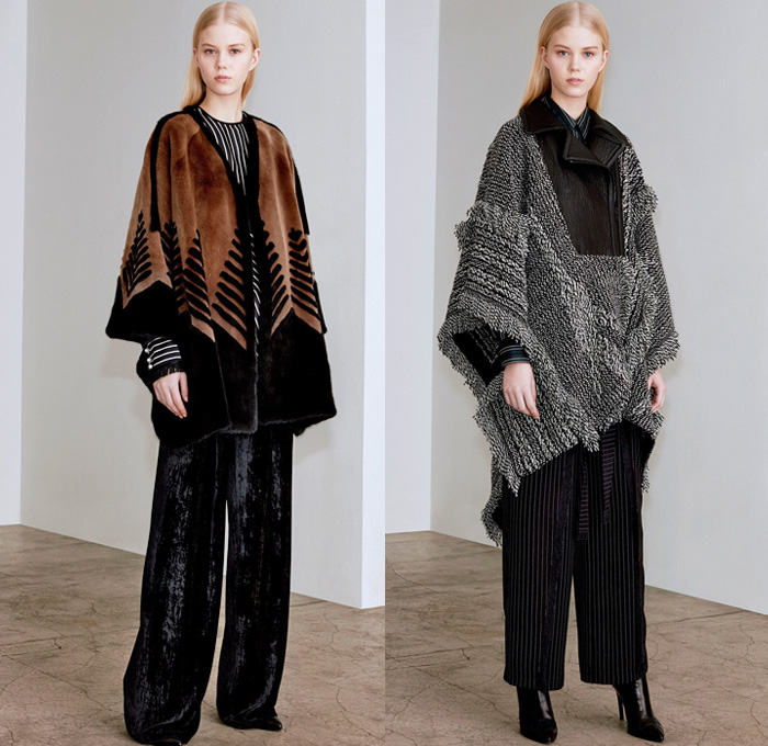 Yigal Azrouël 2017-2018 Fall Autumn Winter Womens Lookbook Presentation - New York Fashion Week NYFW - Outerwear Trench Coat Parka Bomber Jacket Plush Mink Fur Shearling Texture Velvet Chenille Mesh Calfskin Camouflage Leaves Trees Branches Foliage Graphic Wide Leg Trousers Palazzo Pants Stripes Chunky Knit Sweater Ornamental Print Decorative Art Fringes Trapezoid Neck Argyle Leopard Wrap Steel Pattern Geometric Tribal Shirtdress Noodle Spaghetti Strap Maxi Dress Gown Eveningwear Cutout Shoulders