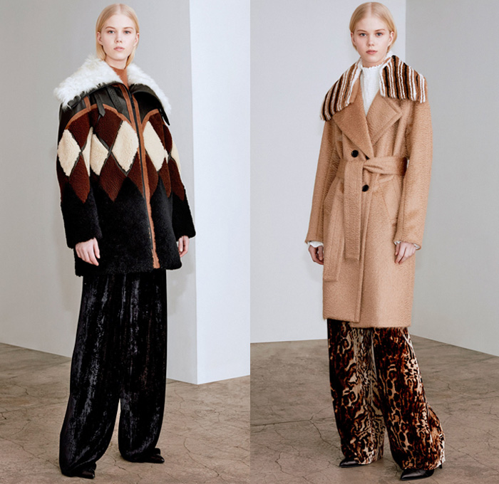 Yigal Azrouël 2017-2018 Fall Autumn Winter Womens Lookbook Presentation - New York Fashion Week NYFW - Outerwear Trench Coat Parka Bomber Jacket Plush Mink Fur Shearling Texture Velvet Chenille Mesh Calfskin Camouflage Leaves Trees Branches Foliage Graphic Wide Leg Trousers Palazzo Pants Stripes Chunky Knit Sweater Ornamental Print Decorative Art Fringes Trapezoid Neck Argyle Leopard Wrap Steel Pattern Geometric Tribal Shirtdress Noodle Spaghetti Strap Maxi Dress Gown Eveningwear Cutout Shoulders