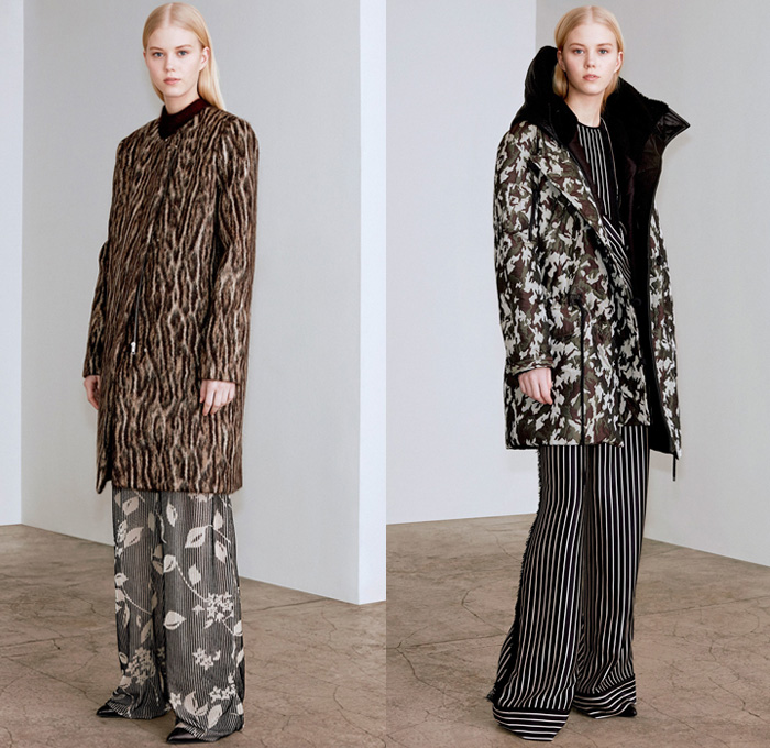 Yigal Azrouël 2017-2018 Fall Autumn Winter Womens Lookbook Presentation - New York Fashion Week NYFW - Outerwear Trench Coat Parka Bomber Jacket Plush Mink Fur Shearling Texture Velvet Chenille Mesh Calfskin Camouflage Leaves Trees Branches Foliage Graphic Wide Leg Trousers Palazzo Pants Stripes Chunky Knit Sweater Ornamental Print Decorative Art Fringes Trapezoid Neck Argyle Leopard Wrap Steel Pattern Geometric Tribal Shirtdress Noodle Spaghetti Strap Maxi Dress Gown Eveningwear Cutout Shoulders