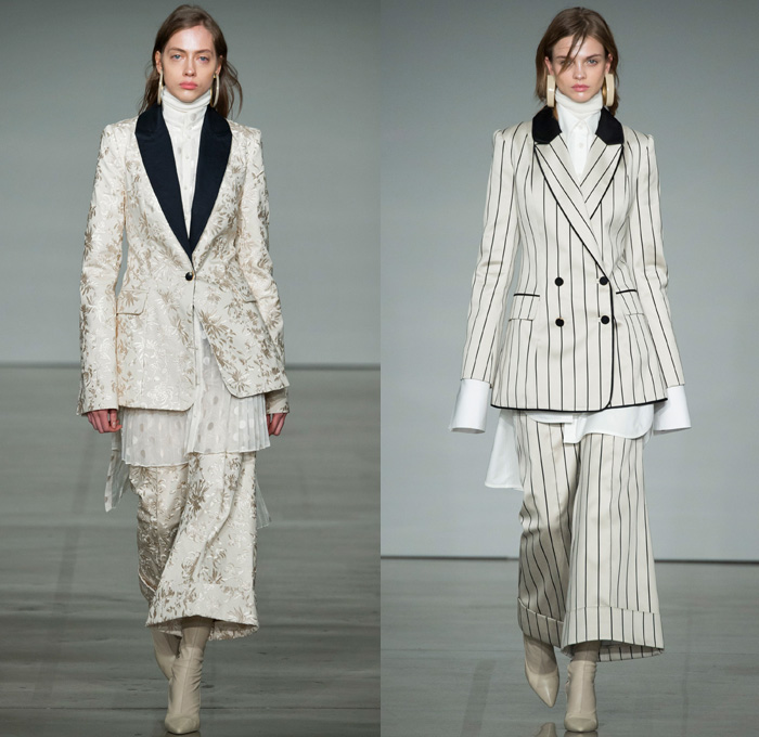 Zimmermann 2017-2018 Fall Winter Womens Runway Catwalk Looks - New York Fashion Week NYFW - The Maples Pantsuit Blazer Jacket Brocade Jacquard Flowers Floral Botanical Pattern Cropped Wide Leg Trousers Palazzo Pants Knit Turtleneck Sweater Jumper Chevron Stripes Polka Dots Long Sleeve Blouse Tiered Skirt Asymmetrical Hem Accordion Pleats Kimono Wrap Robe Plush Fur Outerwear Coat Lace Needlework Embroidery Mesh Ruffles Sash Waist Fringes Maxi Dress Goddess Gown Eveningwear Rectangular Neck One Shoulder Sheer Chiffon Tulle Metallic Sheen Emblem Patch Above The Knee Boots