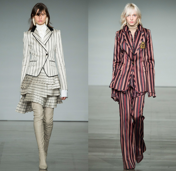 Zimmermann 2017-2018 Fall Winter Womens Runway Catwalk Looks - New York Fashion Week NYFW - The Maples Pantsuit Blazer Jacket Brocade Jacquard Flowers Floral Botanical Pattern Cropped Wide Leg Trousers Palazzo Pants Knit Turtleneck Sweater Jumper Chevron Stripes Polka Dots Long Sleeve Blouse Tiered Skirt Asymmetrical Hem Accordion Pleats Kimono Wrap Robe Plush Fur Outerwear Coat Lace Needlework Embroidery Mesh Ruffles Sash Waist Fringes Maxi Dress Goddess Gown Eveningwear Rectangular Neck One Shoulder Sheer Chiffon Tulle Metallic Sheen Emblem Patch Above The Knee Boots