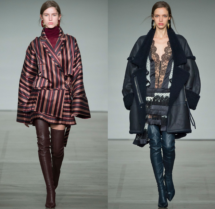 Zimmermann 2017-2018 Fall Winter Womens Runway Catwalk Looks - New York Fashion Week NYFW - The Maples Pantsuit Blazer Jacket Brocade Jacquard Flowers Floral Botanical Pattern Cropped Wide Leg Trousers Palazzo Pants Knit Turtleneck Sweater Jumper Chevron Stripes Polka Dots Long Sleeve Blouse Tiered Skirt Asymmetrical Hem Accordion Pleats Kimono Wrap Robe Plush Fur Outerwear Coat Lace Needlework Embroidery Mesh Ruffles Sash Waist Fringes Maxi Dress Goddess Gown Eveningwear Rectangular Neck One Shoulder Sheer Chiffon Tulle Metallic Sheen Emblem Patch Above The Knee Boots