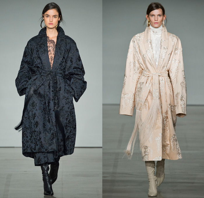 Zimmermann 2017-2018 Fall Winter Womens Runway Catwalk Looks - New York Fashion Week NYFW - The Maples Pantsuit Blazer Jacket Brocade Jacquard Flowers Floral Botanical Pattern Cropped Wide Leg Trousers Palazzo Pants Knit Turtleneck Sweater Jumper Chevron Stripes Polka Dots Long Sleeve Blouse Tiered Skirt Asymmetrical Hem Accordion Pleats Kimono Wrap Robe Plush Fur Outerwear Coat Lace Needlework Embroidery Mesh Ruffles Sash Waist Fringes Maxi Dress Goddess Gown Eveningwear Rectangular Neck One Shoulder Sheer Chiffon Tulle Metallic Sheen Emblem Patch Above The Knee Boots