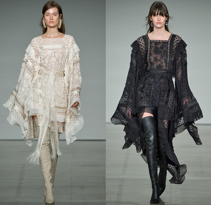 Zimmermann 2017-2018 Fall Winter Womens Runway Catwalk Looks - New York Fashion Week NYFW - The Maples Pantsuit Blazer Jacket Brocade Jacquard Flowers Floral Botanical Pattern Cropped Wide Leg Trousers Palazzo Pants Knit Turtleneck Sweater Jumper Chevron Stripes Polka Dots Long Sleeve Blouse Tiered Skirt Asymmetrical Hem Accordion Pleats Kimono Wrap Robe Plush Fur Outerwear Coat Lace Needlework Embroidery Mesh Ruffles Sash Waist Fringes Maxi Dress Goddess Gown Eveningwear Rectangular Neck One Shoulder Sheer Chiffon Tulle Metallic Sheen Emblem Patch Above The Knee Boots