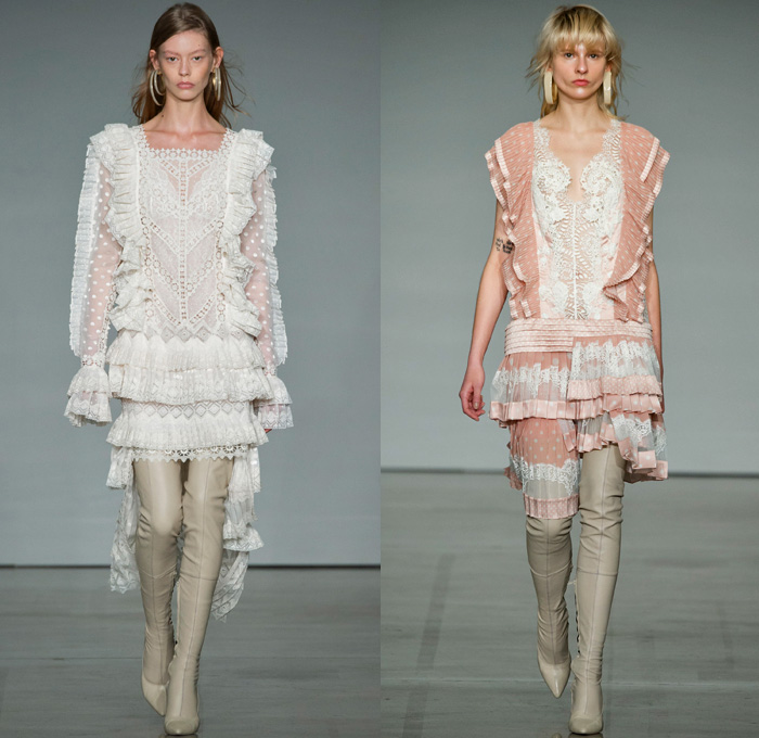 Zimmermann 2017-2018 Fall Winter Womens Runway Catwalk Looks - New York Fashion Week NYFW - The Maples Pantsuit Blazer Jacket Brocade Jacquard Flowers Floral Botanical Pattern Cropped Wide Leg Trousers Palazzo Pants Knit Turtleneck Sweater Jumper Chevron Stripes Polka Dots Long Sleeve Blouse Tiered Skirt Asymmetrical Hem Accordion Pleats Kimono Wrap Robe Plush Fur Outerwear Coat Lace Needlework Embroidery Mesh Ruffles Sash Waist Fringes Maxi Dress Goddess Gown Eveningwear Rectangular Neck One Shoulder Sheer Chiffon Tulle Metallic Sheen Emblem Patch Above The Knee Boots