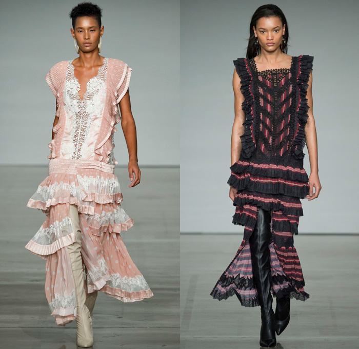 Zimmermann 2017-2018 Fall Winter Womens Runway Catwalk Looks - New York Fashion Week NYFW - The Maples Pantsuit Blazer Jacket Brocade Jacquard Flowers Floral Botanical Pattern Cropped Wide Leg Trousers Palazzo Pants Knit Turtleneck Sweater Jumper Chevron Stripes Polka Dots Long Sleeve Blouse Tiered Skirt Asymmetrical Hem Accordion Pleats Kimono Wrap Robe Plush Fur Outerwear Coat Lace Needlework Embroidery Mesh Ruffles Sash Waist Fringes Maxi Dress Goddess Gown Eveningwear Rectangular Neck One Shoulder Sheer Chiffon Tulle Metallic Sheen Emblem Patch Above The Knee Boots