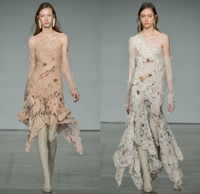 Zimmermann 2017-2018 Fall Winter Womens Runway Catwalk Looks - New York Fashion Week NYFW - The Maples Pantsuit Blazer Jacket Brocade Jacquard Flowers Floral Botanical Pattern Cropped Wide Leg Trousers Palazzo Pants Knit Turtleneck Sweater Jumper Chevron Stripes Polka Dots Long Sleeve Blouse Tiered Skirt Asymmetrical Hem Accordion Pleats Kimono Wrap Robe Plush Fur Outerwear Coat Lace Needlework Embroidery Mesh Ruffles Sash Waist Fringes Maxi Dress Goddess Gown Eveningwear Rectangular Neck One Shoulder Sheer Chiffon Tulle Metallic Sheen Emblem Patch Above The Knee Boots