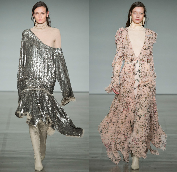 Zimmermann 2017-2018 Fall Winter Womens Runway Catwalk Looks - New York Fashion Week NYFW - The Maples Pantsuit Blazer Jacket Brocade Jacquard Flowers Floral Botanical Pattern Cropped Wide Leg Trousers Palazzo Pants Knit Turtleneck Sweater Jumper Chevron Stripes Polka Dots Long Sleeve Blouse Tiered Skirt Asymmetrical Hem Accordion Pleats Kimono Wrap Robe Plush Fur Outerwear Coat Lace Needlework Embroidery Mesh Ruffles Sash Waist Fringes Maxi Dress Goddess Gown Eveningwear Rectangular Neck One Shoulder Sheer Chiffon Tulle Metallic Sheen Emblem Patch Above The Knee Boots