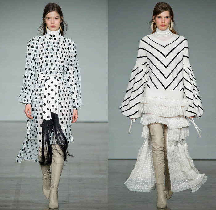 Zimmermann 2017-2018 Fall Winter Womens Runway Catwalk Looks - New York Fashion Week NYFW - The Maples Pantsuit Blazer Jacket Brocade Jacquard Flowers Floral Botanical Pattern Cropped Wide Leg Trousers Palazzo Pants Knit Turtleneck Sweater Jumper Chevron Stripes Polka Dots Long Sleeve Blouse Tiered Skirt Asymmetrical Hem Accordion Pleats Kimono Wrap Robe Plush Fur Outerwear Coat Lace Needlework Embroidery Mesh Ruffles Sash Waist Fringes Maxi Dress Goddess Gown Eveningwear Rectangular Neck One Shoulder Sheer Chiffon Tulle Metallic Sheen Emblem Patch Above The Knee Boots