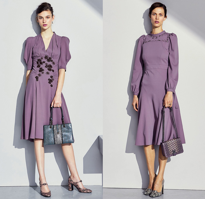 Bottega Veneta 2017 Pre Fall Autumn Womens Lookbook Presentation - Muted Pastels 1940s Forties Bedazzled Starburst Beads Studs Embroidery Balloon Bloated Sleeves Jacquard Gown Eveningwear Drapery Belted Waist Knit Sweater Jumper Accordion Pleats Skirt Frock Geometric Outerwear Blazer Jacket Leather Cargo Pockets Outerwear Trench Coat Bow Ribbon Knot Pantsuit Handbag Scarf Sunglasses Purse Clutch