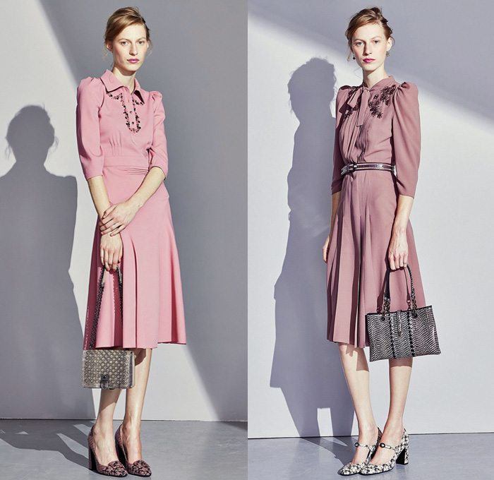 Bottega Veneta 2017 Pre Fall Autumn Womens Lookbook Presentation - Muted Pastels 1940s Forties Bedazzled Starburst Beads Studs Embroidery Balloon Bloated Sleeves Jacquard Gown Eveningwear Drapery Belted Waist Knit Sweater Jumper Accordion Pleats Skirt Frock Geometric Outerwear Blazer Jacket Leather Cargo Pockets Outerwear Trench Coat Bow Ribbon Knot Pantsuit Handbag Scarf Sunglasses Purse Clutch