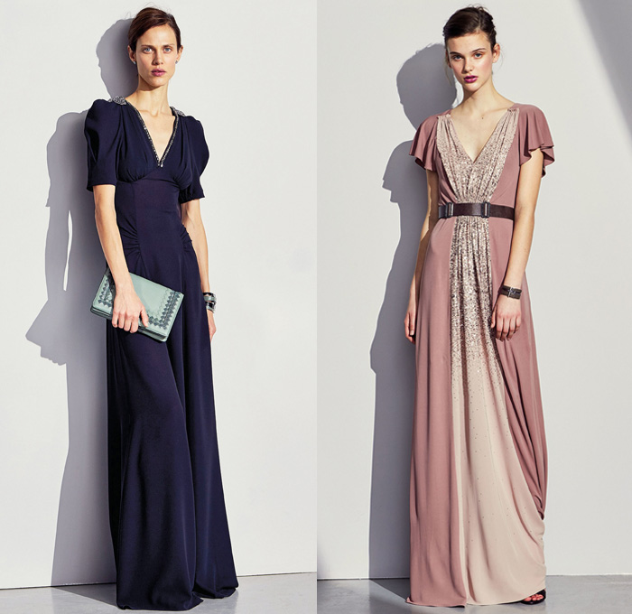 Bottega Veneta 2017 Pre Fall Autumn Womens Lookbook Presentation - Muted Pastels 1940s Forties Bedazzled Starburst Beads Studs Embroidery Balloon Bloated Sleeves Jacquard Gown Eveningwear Drapery Belted Waist Knit Sweater Jumper Accordion Pleats Skirt Frock Geometric Outerwear Blazer Jacket Leather Cargo Pockets Outerwear Trench Coat Bow Ribbon Knot Pantsuit Handbag Scarf Sunglasses Purse Clutch