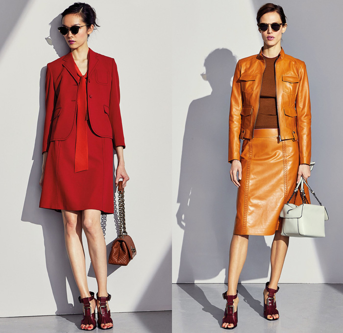 Bottega Veneta 2017 Pre Fall Autumn Womens Lookbook Presentation - Muted Pastels 1940s Forties Bedazzled Starburst Beads Studs Embroidery Balloon Bloated Sleeves Jacquard Gown Eveningwear Drapery Belted Waist Knit Sweater Jumper Accordion Pleats Skirt Frock Geometric Outerwear Blazer Jacket Leather Cargo Pockets Outerwear Trench Coat Bow Ribbon Knot Pantsuit Handbag Scarf Sunglasses Purse Clutch