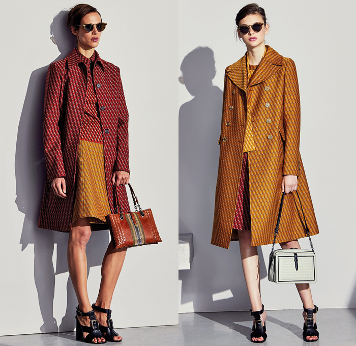 Bottega Veneta 2017 Pre Fall Autumn Womens Lookbook Presentation - Muted Pastels 1940s Forties Bedazzled Starburst Beads Studs Embroidery Balloon Bloated Sleeves Jacquard Gown Eveningwear Drapery Belted Waist Knit Sweater Jumper Accordion Pleats Skirt Frock Geometric Outerwear Blazer Jacket Leather Cargo Pockets Outerwear Trench Coat Bow Ribbon Knot Pantsuit Handbag Scarf Sunglasses Purse Clutch