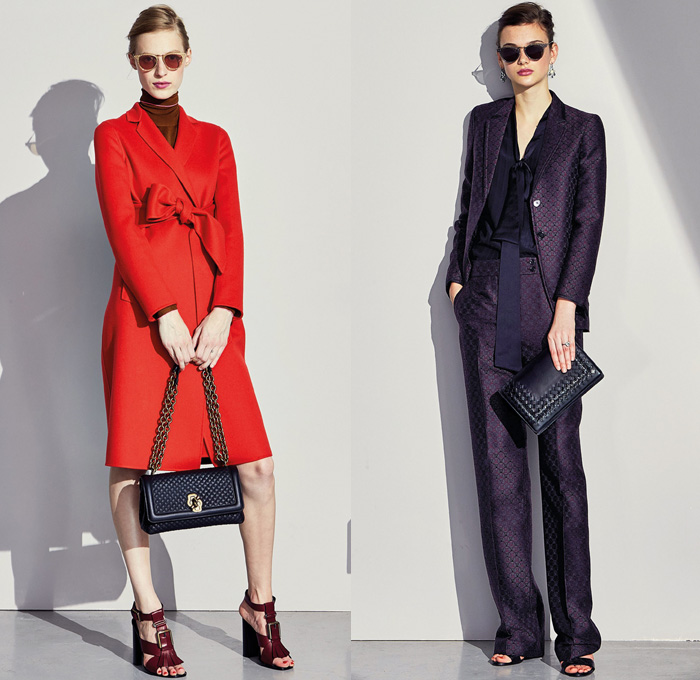 Bottega Veneta 2017 Pre Fall Autumn Womens Lookbook Presentation - Muted Pastels 1940s Forties Bedazzled Starburst Beads Studs Embroidery Balloon Bloated Sleeves Jacquard Gown Eveningwear Drapery Belted Waist Knit Sweater Jumper Accordion Pleats Skirt Frock Geometric Outerwear Blazer Jacket Leather Cargo Pockets Outerwear Trench Coat Bow Ribbon Knot Pantsuit Handbag Scarf Sunglasses Purse Clutch