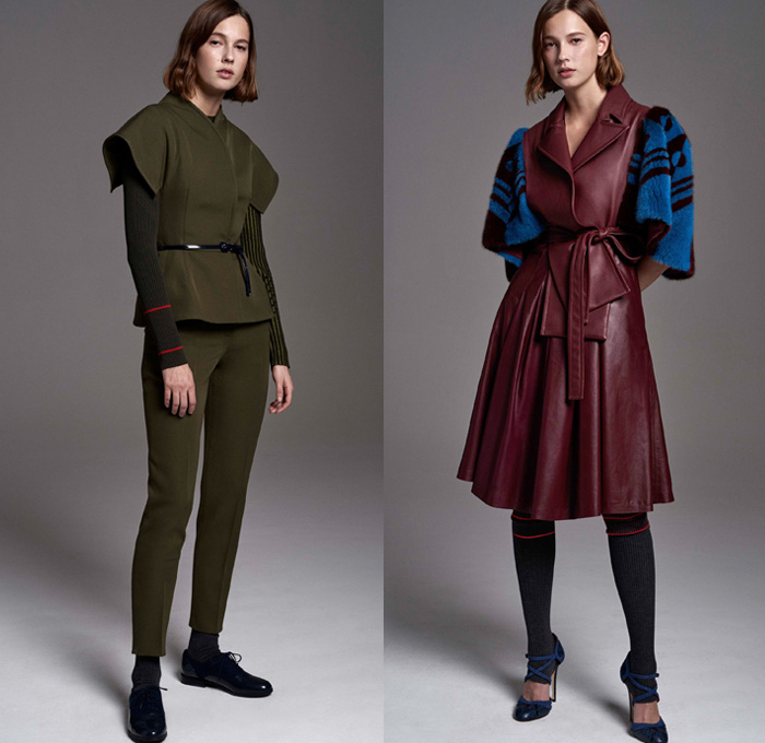 Carolina Herrera 2017 Pre Fall Autumn Womens Lookbook Presentation - Tamara De Lempicka Art Deco Silk Satin Crepe Dress Gown Eveningwear Samurai Armor Leg O'Mutton Sleeves Sweater Jumper Arm Leg Warmers Leather Outerwear Trench Coat Jacket Check Plaid Tartan Windowpane Blouse Vest Skirt Frock Wide Leg Palazzo Pants Furry Handkerchief Fold Turtleneck Ruffles One Shoulder Velvet Wrap Tiered Pussycat Bow Ribbon Flowers Floral Sheer Chiffon Embroidery Bedazzled Sequins Handbag