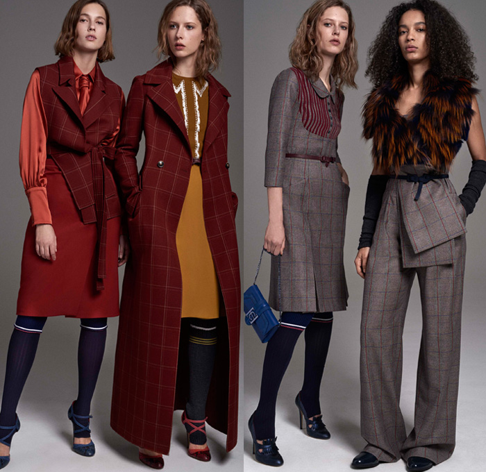 Carolina Herrera 2017 Pre Fall Autumn Womens Lookbook Presentation - Tamara De Lempicka Art Deco Silk Satin Crepe Dress Gown Eveningwear Samurai Armor Leg O'Mutton Sleeves Sweater Jumper Arm Leg Warmers Leather Outerwear Trench Coat Jacket Check Plaid Tartan Windowpane Blouse Vest Skirt Frock Wide Leg Palazzo Pants Furry Handkerchief Fold Turtleneck Ruffles One Shoulder Velvet Wrap Tiered Pussycat Bow Ribbon Flowers Floral Sheer Chiffon Embroidery Bedazzled Sequins Handbag