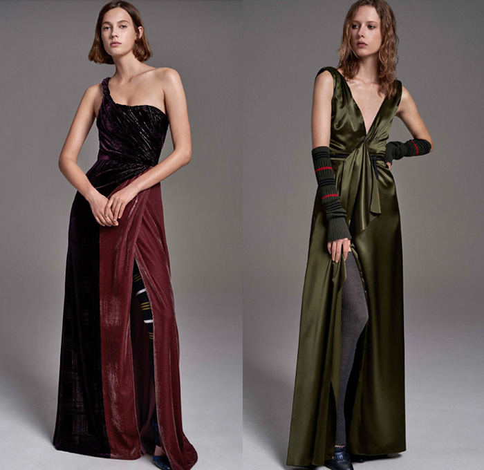 Carolina Herrera 2017 Pre Fall Autumn Womens Lookbook Presentation - Tamara De Lempicka Art Deco Silk Satin Crepe Dress Gown Eveningwear Samurai Armor Leg O'Mutton Sleeves Sweater Jumper Arm Leg Warmers Leather Outerwear Trench Coat Jacket Check Plaid Tartan Windowpane Blouse Vest Skirt Frock Wide Leg Palazzo Pants Furry Handkerchief Fold Turtleneck Ruffles One Shoulder Velvet Wrap Tiered Pussycat Bow Ribbon Flowers Floral Sheer Chiffon Embroidery Bedazzled Sequins Handbag